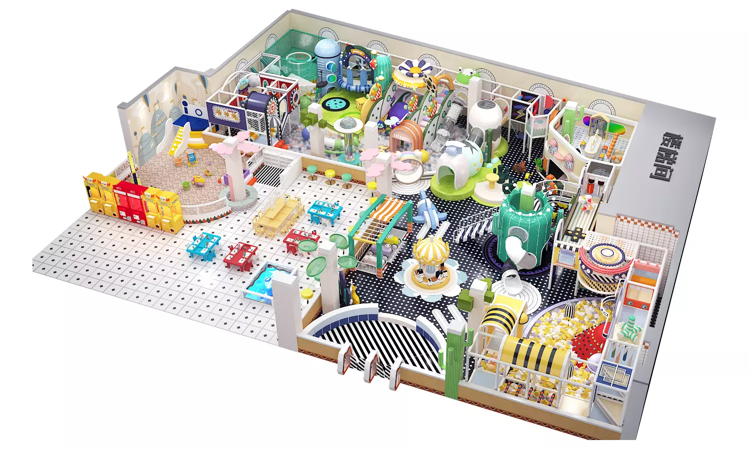 500m&sup2; indoor playground layout with multiple activity zones and play equipment