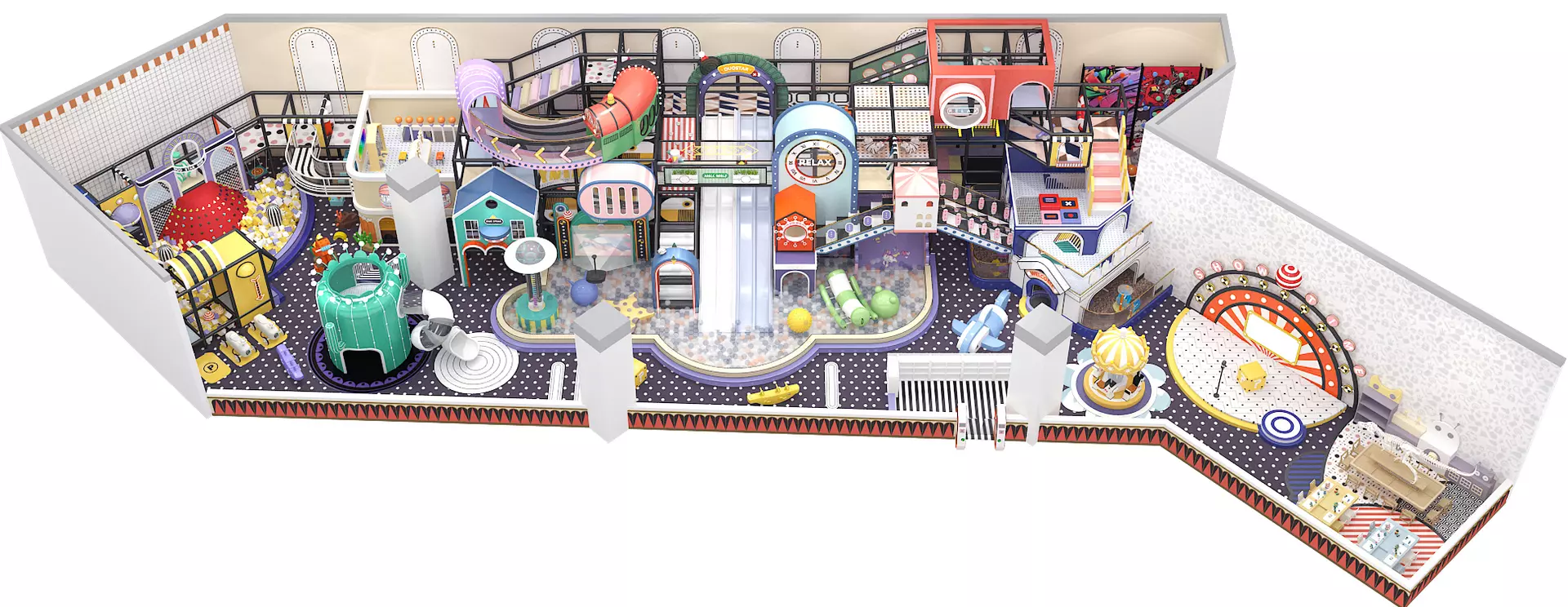 Indoor playground layout showing visitor flow and circulation between play areas