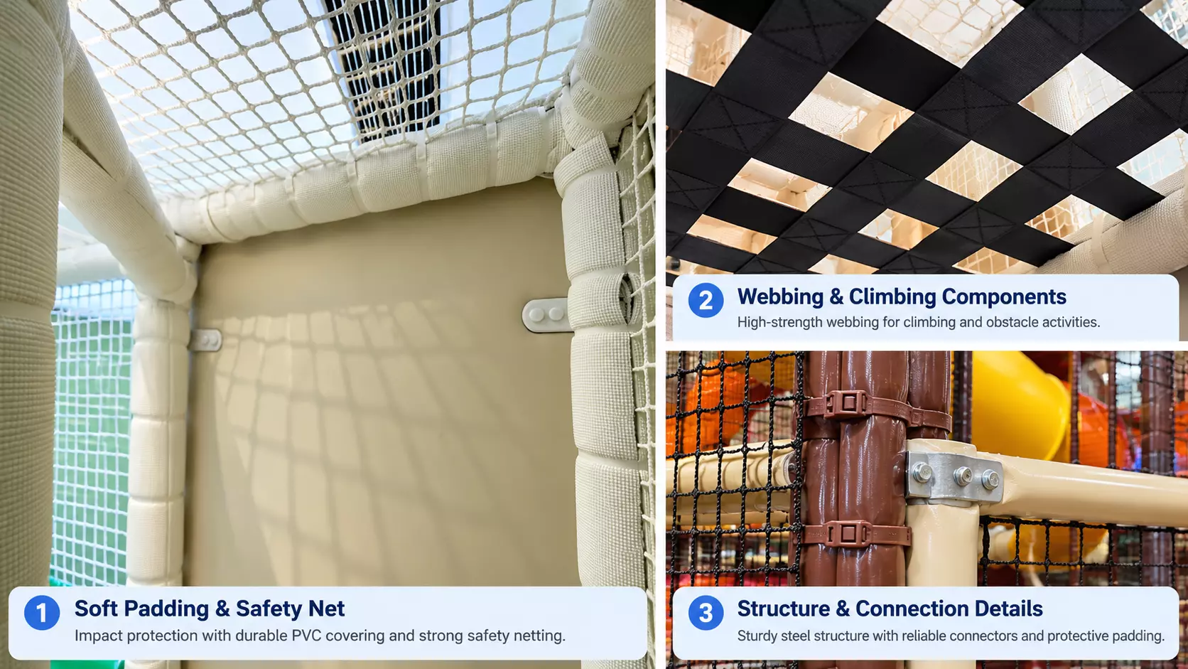 Indoor playground soft padding safety net and structural connection details